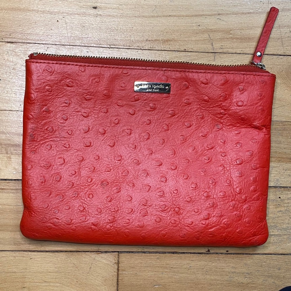 Kate Spade New York Red Ostrich Embossed Leather Zip Top Clutch